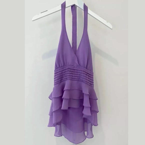 BCBG PURPLE RUFFLE HALTER TOP SIZE XS - Picture 2 of 14
